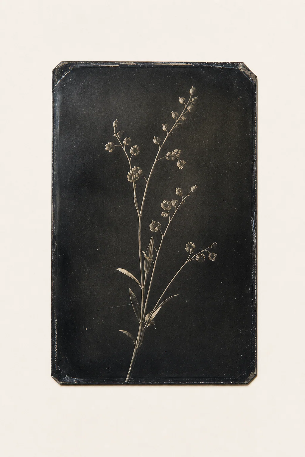An original botanical specimen rendered on a worn dark tintype plate.