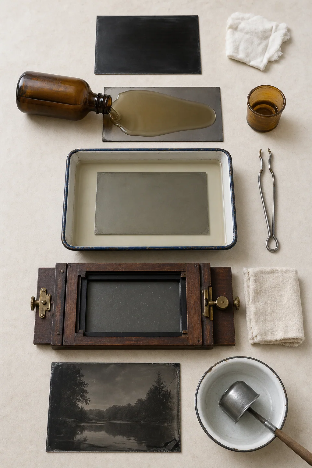 An original overhead arrangement showing a metal plate, collodion pour, sensitizing tray, plate holder, and finished plate.